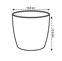 Schets van een bloempot met afmetingen: diameter bovenkant 13,0 centimeter, hoogte 11,4 centimeter.