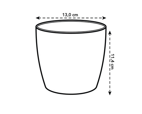 Schets van een bloempot met afmetingen: diameter bovenkant 13,0 centimeter, hoogte 11,4 centimeter.