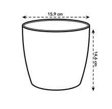 Bloempot met een diameter van 15,9 centimeter en een hoogte van 14,6 centimeter.