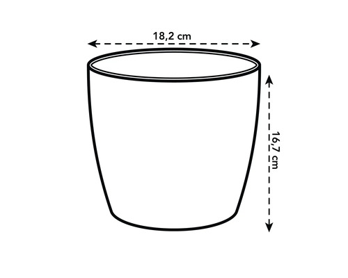 Schets van een bloempot met de afmetingen 18,2 centimeter diameter en 16,7 centimeter hoogte.