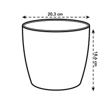 Maatschets van een bloempot met een diameter van 20,3 centimeter en een hoogte van 18,6 centimeter.