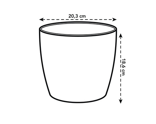 Maatschets van een bloempot met een diameter van 20,3 centimeter en een hoogte van 18,6 centimeter.