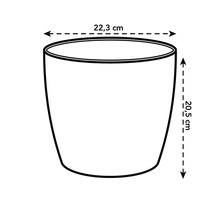 Schets van een bloempot met afmetingen van 22,3 centimeter diameter en 20,5 centimeter hoogte.