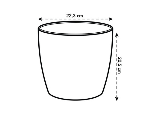 Schets van een bloempot met afmetingen van 22,3 centimeter diameter en 20,5 centimeter hoogte.