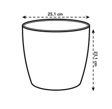 Schets van een ronde bloempot met een diameter van 25,1 centimeter en een hoogte van 23,1 centimeter.