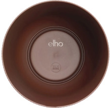 Bovenaanzicht van een ronde elho bloempot van honderd procent gerecycled en recyclebaar kunststof met elho Logo.
