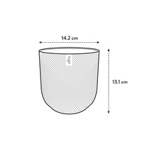 Illustratie van een ronde elho bloempot met een diameter van 14,2 centimeter en een hoogte van 13,1 centimeter.