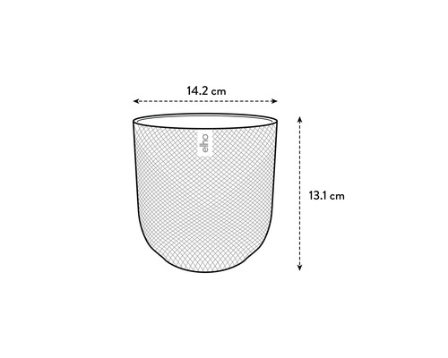 Illustratie van een ronde elho bloempot met een diameter van 14,2 centimeter en een hoogte van 13,1 centimeter.