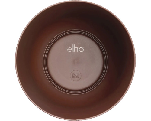 Bovenaanzicht van een ronde elho bloempot van honderd procent gerecycled en recyclebaar kunststof met elho Logo.