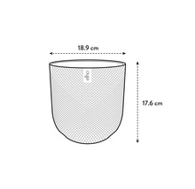 Maatschets van een ronde elho bloempot met gaasstructuur. Breedte 18,9 centimeter, hoogte 17,6 centimeter.