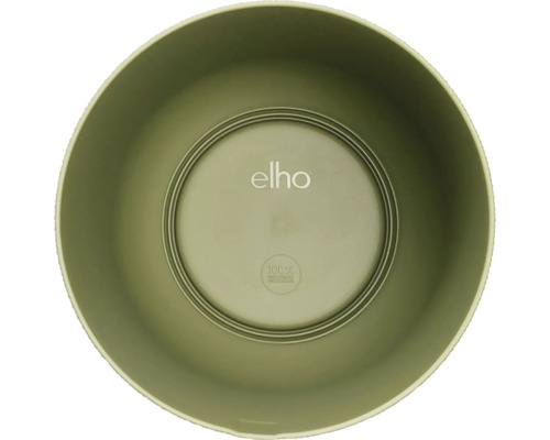 Binnenaanzicht van een ronde Elho bloempot van kunststof met elho Logo en vermelding van honderd procent gerecycled materiaal.