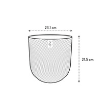 Tekening van een ronde plantenpot met netstructuur, elho Logo, diameter 23.1 centimeter, hoogte 21.5 centimeter.