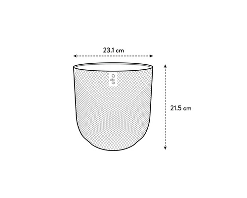 Technische tekening van een ronde elho bloempot met netstructuur, afmetingen: diameter 23,1 centimeter en hoogte 21,5 centimeter.