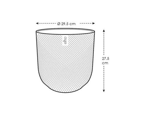 Maatschets van een ronde elho bloempot met een diameter van 29,5 centimeter en een hoogte van 27,5 centimeter.