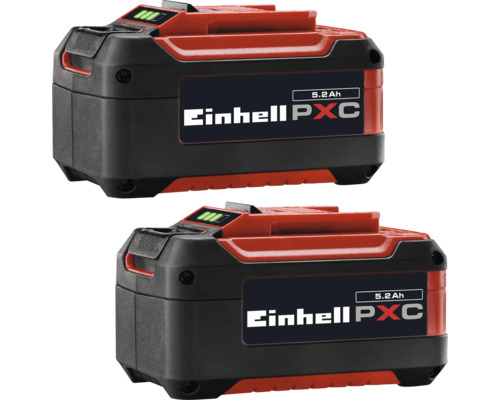 Twee Einhell PXC accu's met elk 5,2 ampère-uur capaciteit en laadstatusindicator.