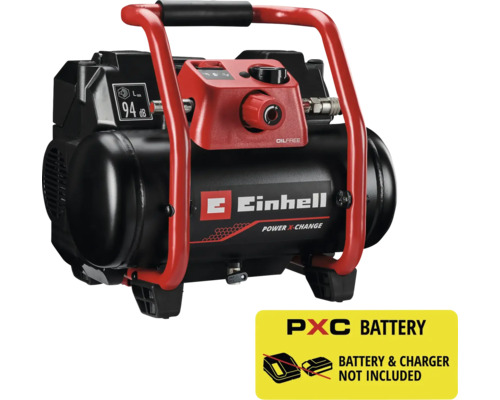 Einhell accu-compressor Power X-Change met rode draagbeugel en zwarte tank, geleverd zonder accu en oplader.
