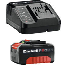 Einhell Power X-Change Starter Kit met zwarte lader en een zwart-rode 4,0 Ampère-uur lithium-ion accu.