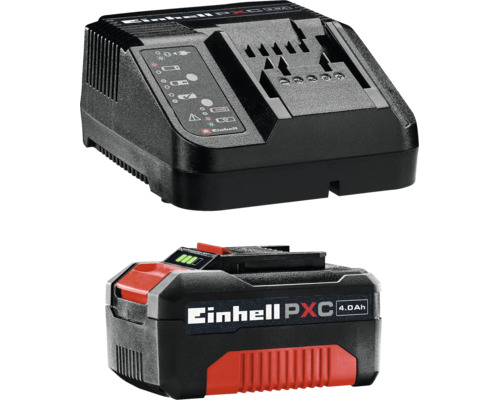 Einhell Power X-Change Starter Kit met zwarte lader en een zwart-rode 4,0 Ampère-uur lithium-ion accu.