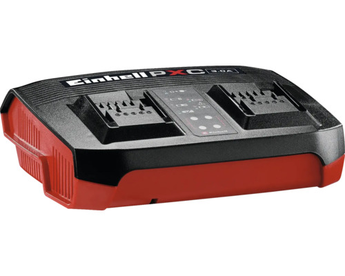 Einhell dubbele oplader Power X-Change Twincharger 3,0 Ampere met twee laadstations voor accu's en statusindicatoren.