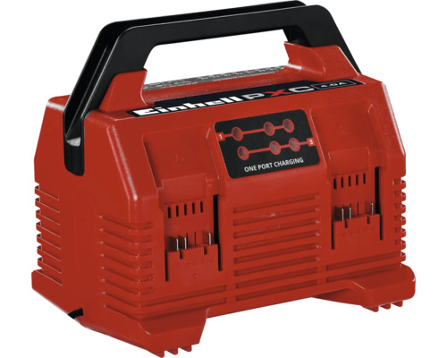 Rode Einhell Power X-Change multi-acculader voor twee accu's met zwart handvat en led-statusindicatie.