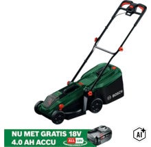 Bosch accu-grasmaaier met grasopvangbak en een gratis 18 Volt 4,0 Ampère-uur accu. (Image AI modified or generated)
