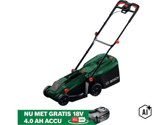 Bosch accu-grasmaaier met grasopvangbak en een gratis 18 Volt 4,0 Ampère-uur accu. (Image AI modified or generated)