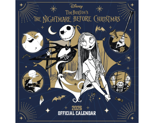 Officiële kalender 2026 van Disney Tim Burtons The Nightmare Before Christmas met illustratie van Jack Skellington en Sally