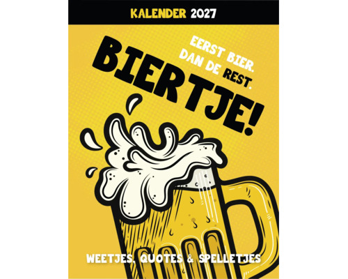 Wandkalender 2027 met illustratie van een bierpul en grappige spreuken over bier