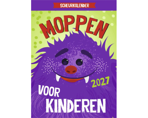 Scheurkalender met moppen voor kinderen voor het jaar 2027 met monsterillustratie