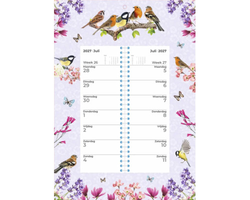 Wandkalender voor juli 2027 met vogel en bloemen motief, spiraalgebonden ontwerp met weekoverzicht.