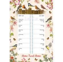 Wandkalender 2027 met vogel en bloem illustraties in de vorm van een weekplanner met ringband
