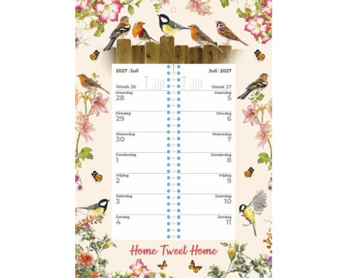 Wandkalender 2027 met vogel en bloem illustraties in de vorm van een weekplanner met ringband