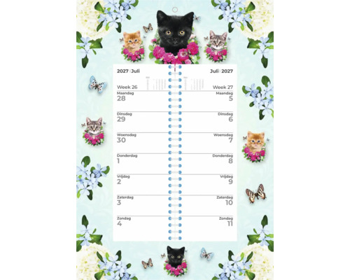 Wandkalender met kattenafbeeldingen en bloemenpatroon voor het jaar 2027