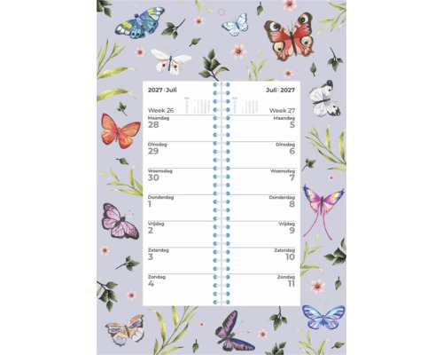 Wandkalender met vlinder- en plantenmotief voor juli 2027 met weekoverzicht