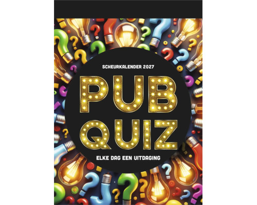 Pub Quiz scheurkalender 2027 met verlichte letters en gloeilampmotief
