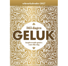 Scheurkalender voor het jaar 2027 met de titel 365 dagen geluk en inspirerende citaten voor elke dag met een decoratieve omlijsting.