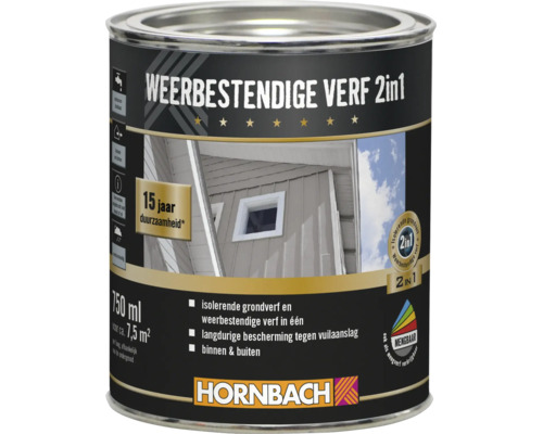 Blik Hornbach weerbestendige verf 2 in 1 voor binnen en buiten met 15 jaar duurzaamheid, 750 milliliter inhoud. Blik Hornbach weerbestendige verf 2 in 1 voor binnen en buiten met 15 jaar duurzaamheid, 750 milliliter inhoud.