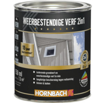 Blik Hornbach weerbestendige verf 2 in 1 als isolerende grondverf en aflak voor binnen en buiten met een inhoud van 750 milliliter.