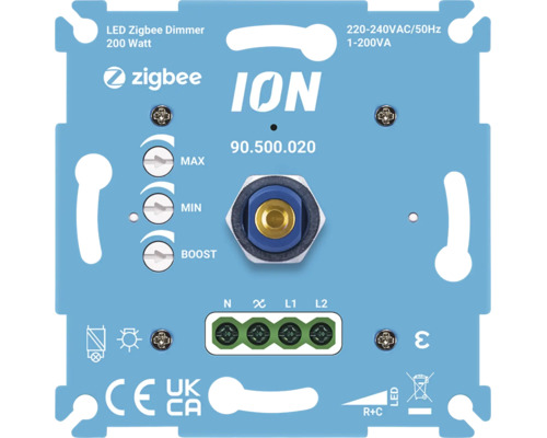 ION Zigbee LED dimmer 200 Watt voor inbouwmontage met instelmogelijkheden voor minimum maximum en boost inclusief aansluitklemmen.