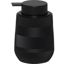 Zwarte zeepdispenser met gestructureerd oppervlak voor de badkamer.