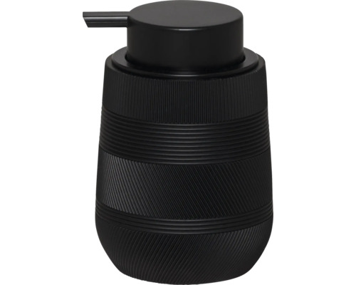 Zwarte zeepdispenser met gestructureerd oppervlak voor de badkamer.