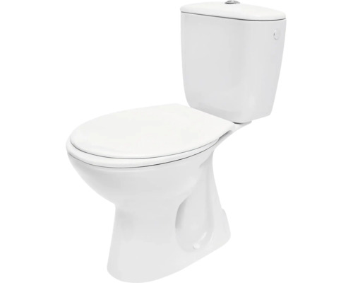 Staand toiletcombinatie van wit keramiek met spoelreservoir en gesloten toiletbril.