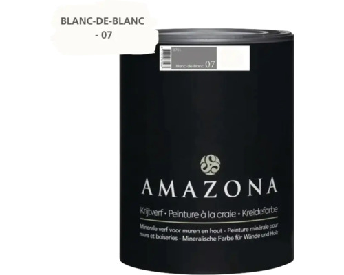 Een blik Amazona krijtverf Blanc de Blanc 07 voor minerale afwerking van muren en hout.