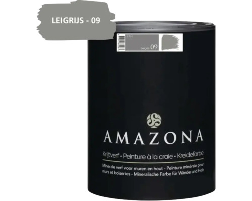 Een blik Amazona krijtverf in de kleur Leigrijs 09 voor muren en hout met een inhoud van 0,75 liter.