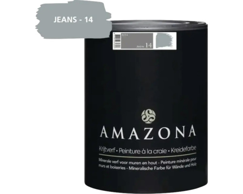Een blik Amazona krijtverf in de kleur Jeans 14, 0,75 liter, geschikt voor muren en hout.