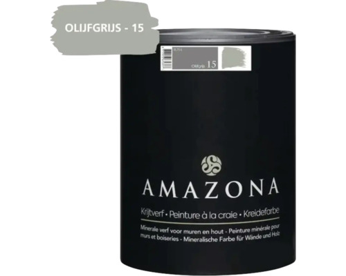 Een blik Amazona krijtverf Olijfgrijs 15, minerale verf voor muren en hout, inhoud 0,75 liter.