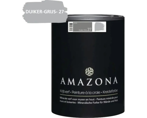 Een blik Amazona krijtverf in de kleur Duiker-Grijs 27 voor muren en hout met een inhoud van 0,75 liter.