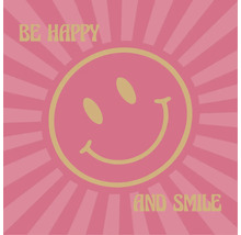 Vierkant wandpaneel met een smiley-gezicht en de tekst BE HAPPY AND SMILE in retrostijl.