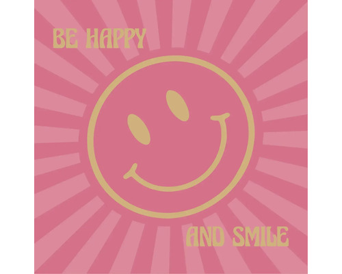 Vierkant wandpaneel met een smiley-gezicht en de tekst BE HAPPY AND SMILE in retrostijl.