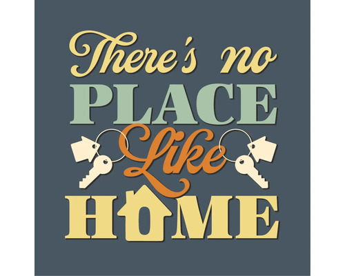 Wanddecoratie met de tekst There is no place like home, afbeeldingen van sleutels en een huissymbool.
